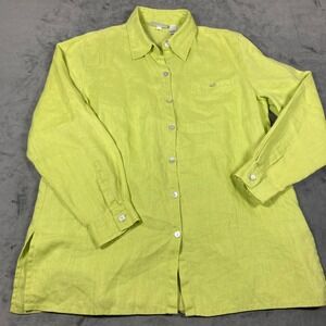 Chicos Design Womens Lime Green 100% Linen Button Down Shirt Size 1 Long Sleeve